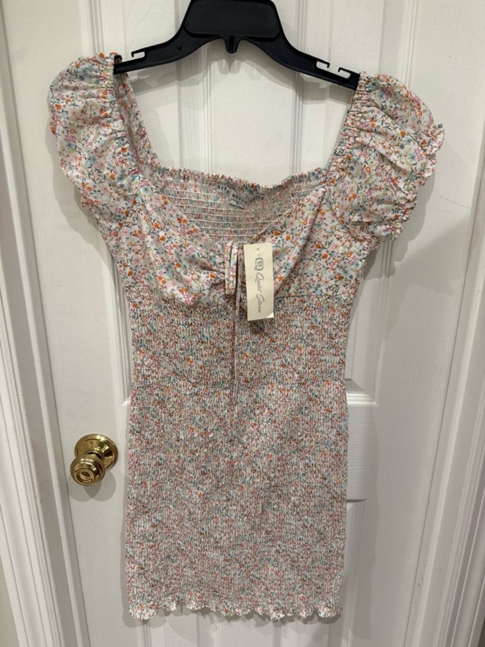 Smocked Floral Mini Dress with Puff Sleeves - White